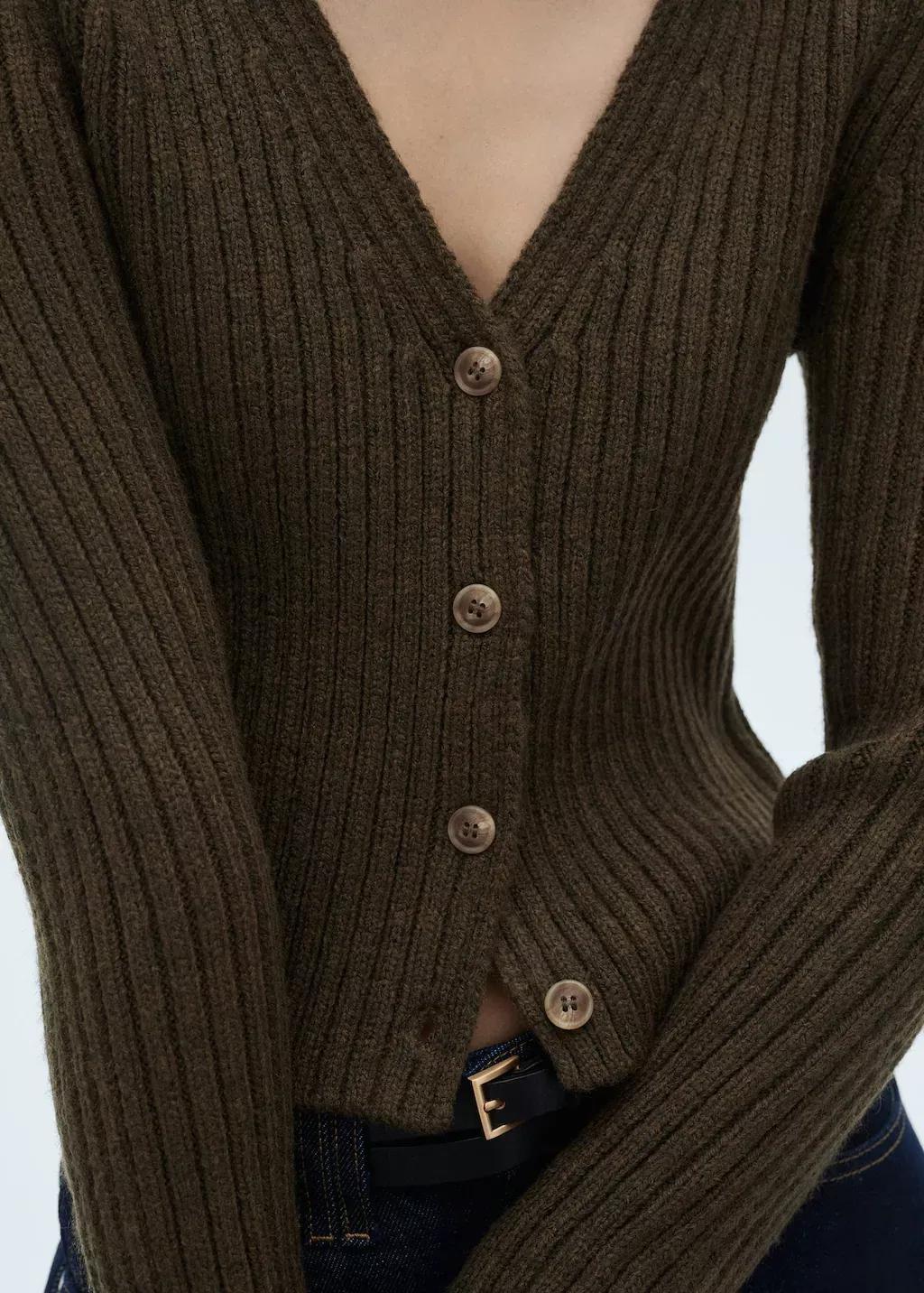 Khaki V-Neck Ribbed Cardigan, 0201_37, medium