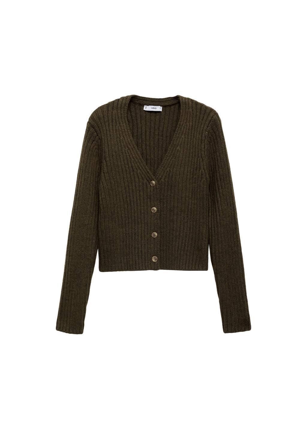 Khaki V-Neck Ribbed Cardigan, 0201_37, medium