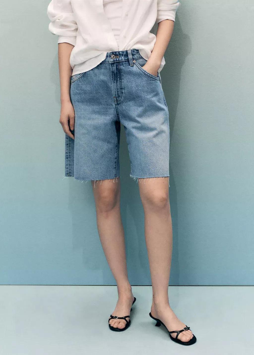 Blue Frayed Hem Denim Shorts, , large image number 0