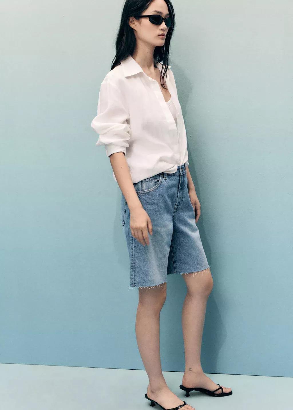 Blue Frayed Hem Denim Shorts, , large image number 2