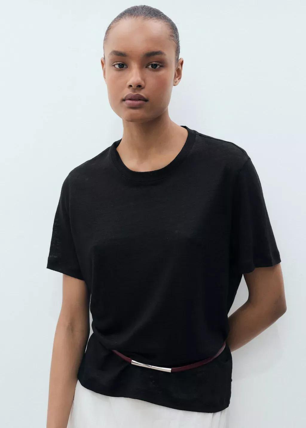 Black Short-Sleeved Linen T-Shirt, Black, medium