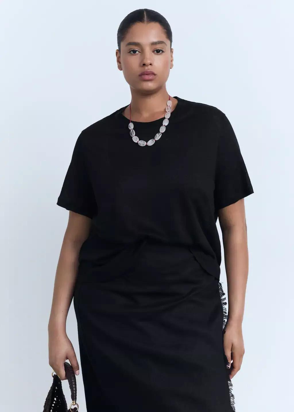 Black Short-Sleeved Linen T-Shirt, , large image number 5
