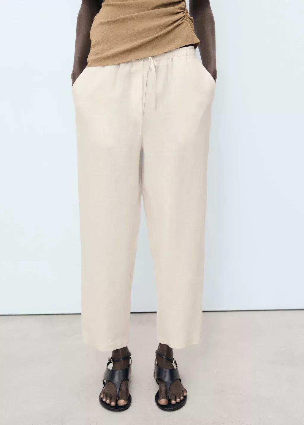 Grey Linen Trousers With Drawstring, , large image number 0