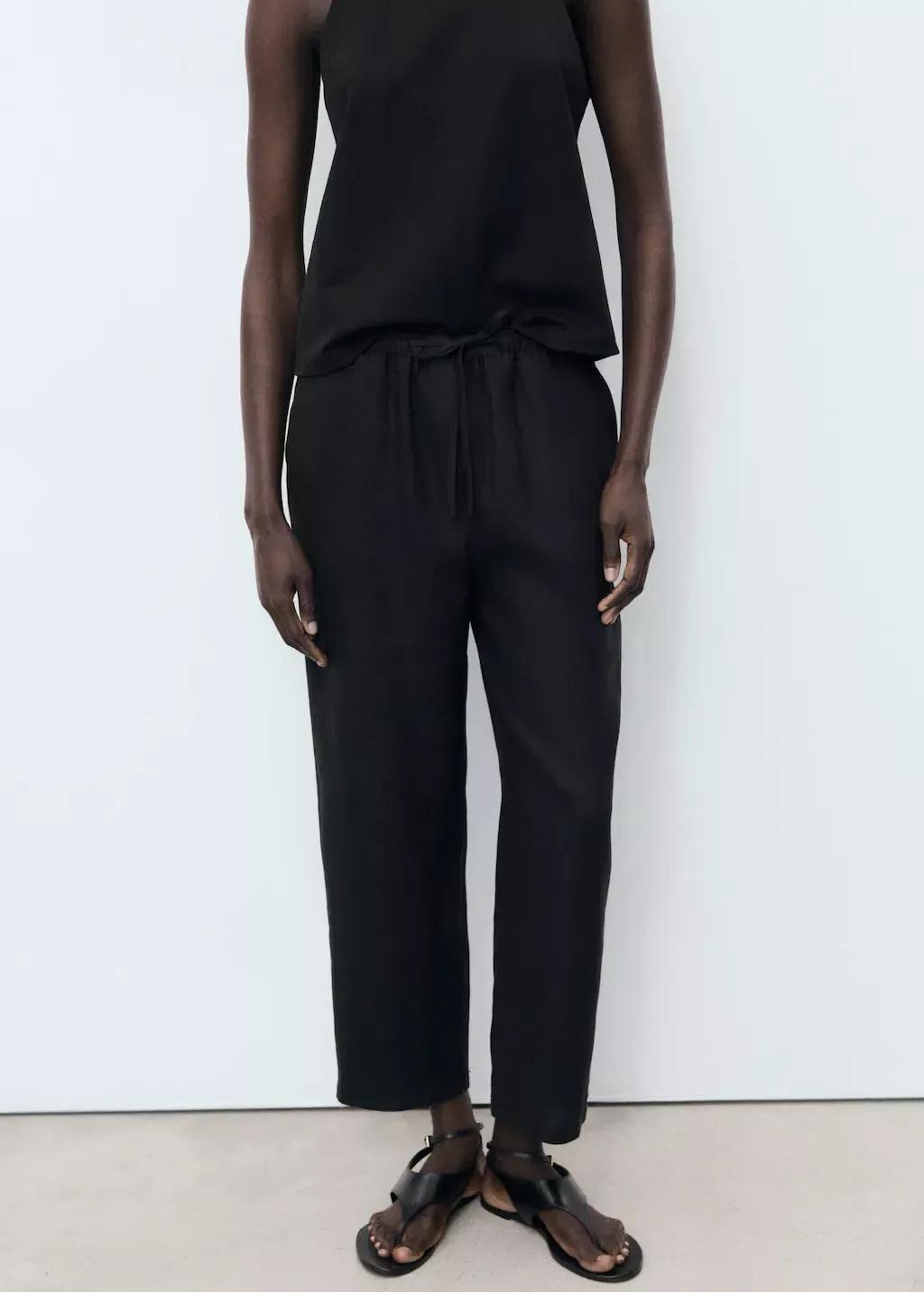 Black Linen Trousers With Drawstring, Black, large image number 0