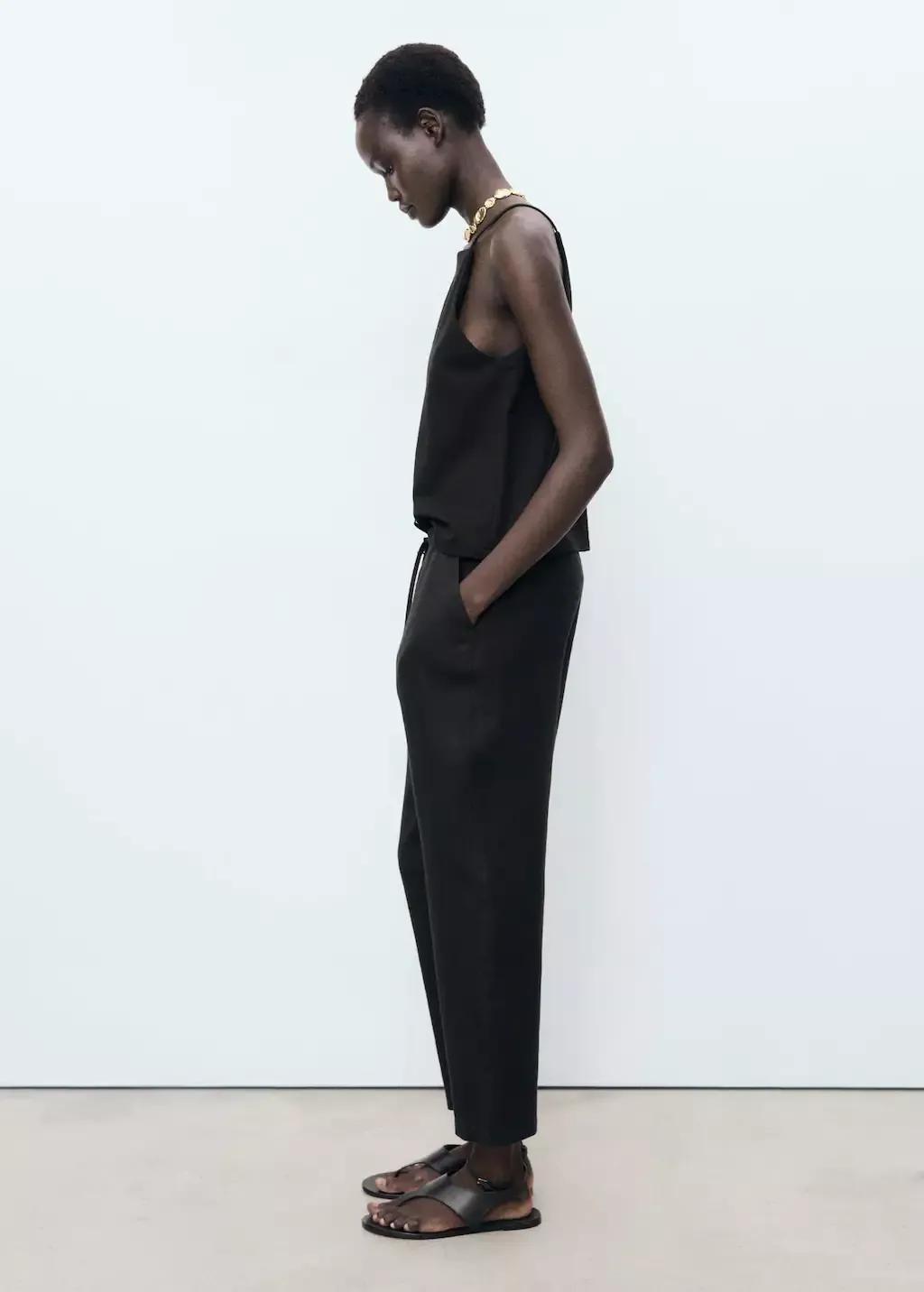 Black Linen Trousers With Drawstring, Black, large image number 1