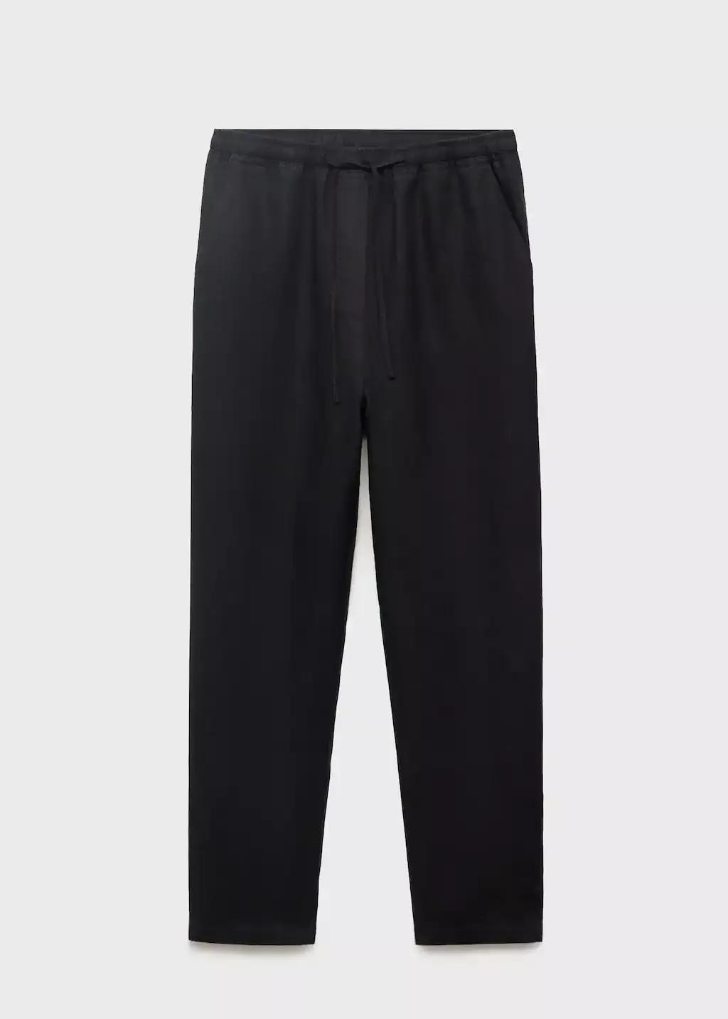 Black Linen Trousers With Drawstring, Black, large image number 3