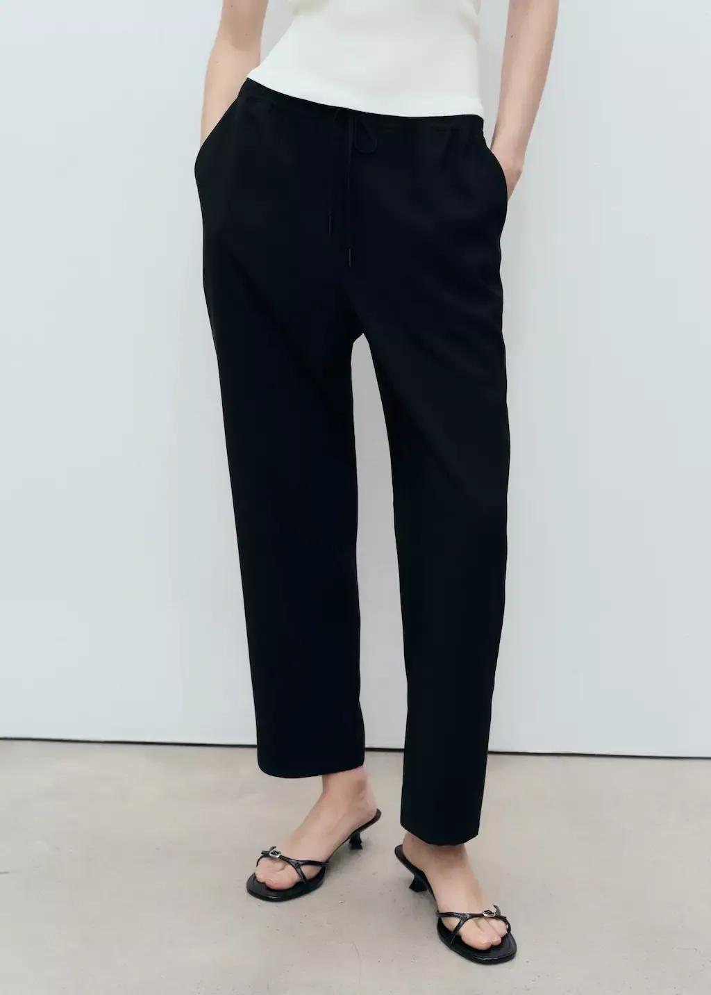 Black Drawstring Flowy Trousers, Black, large image number 0