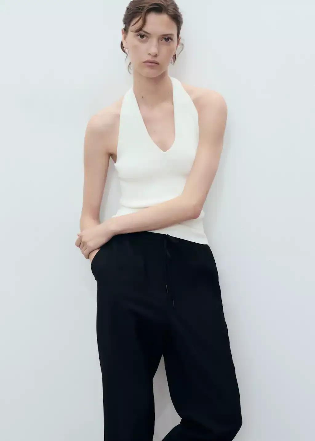 Black Drawstring Flowy Trousers, Black, large image number 1