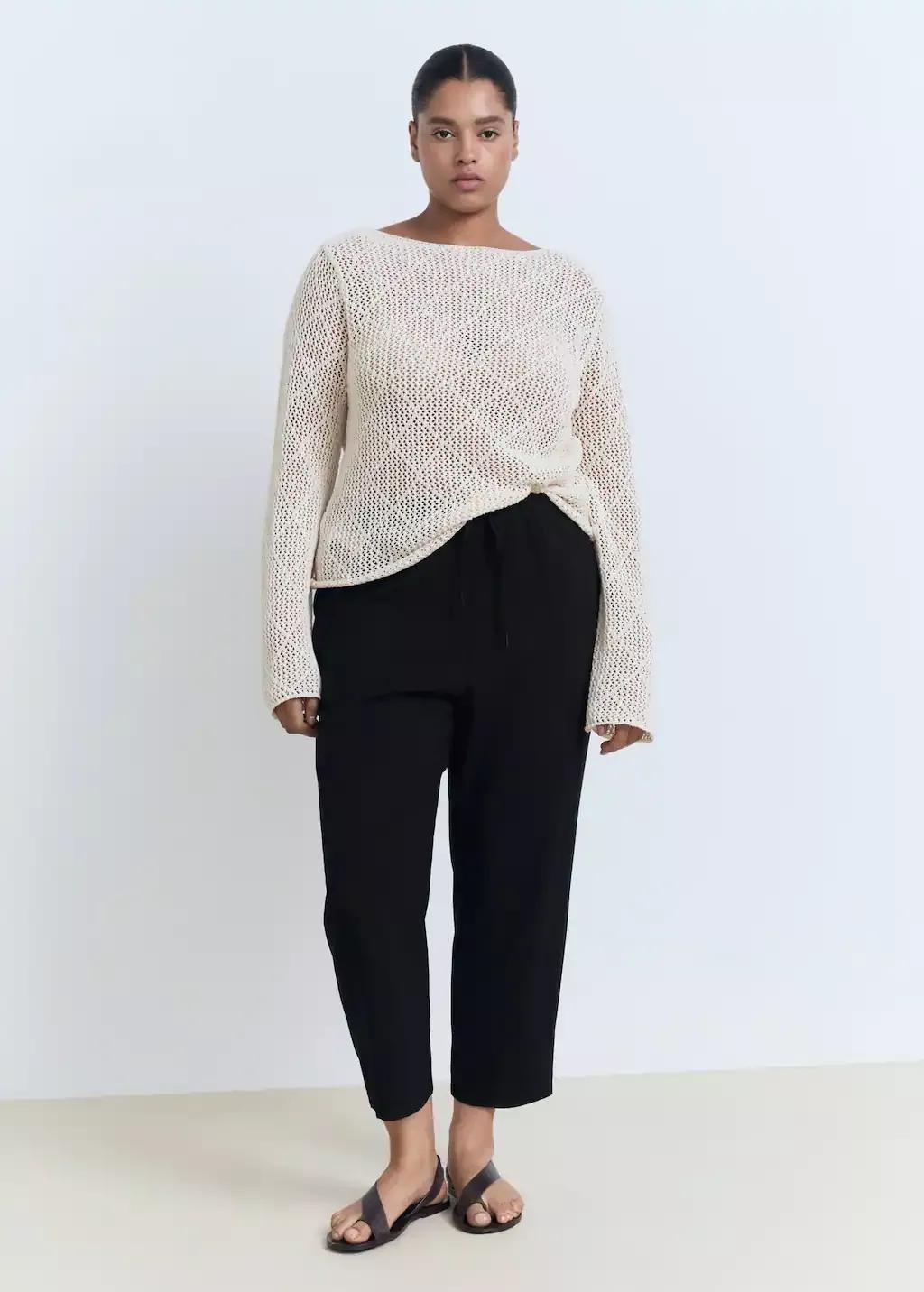 Black Drawstring Flowy Trousers, Black, large image number 2