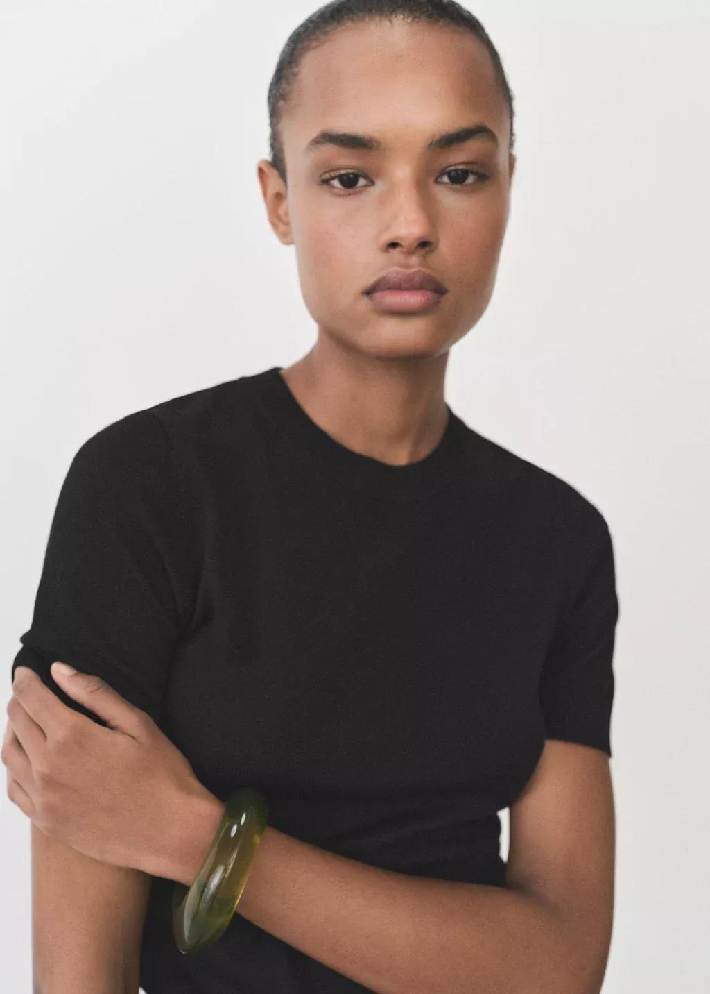 Black Short-Sleeved Fine-Knit Sweater, Black, large image number 2