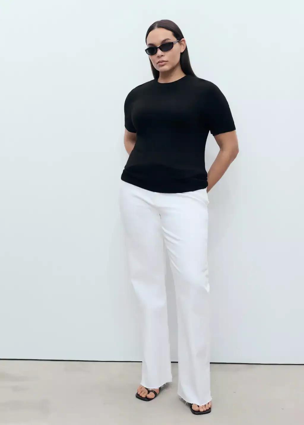 Black Short-Sleeved Fine-Knit Sweater, Black, large image number 5