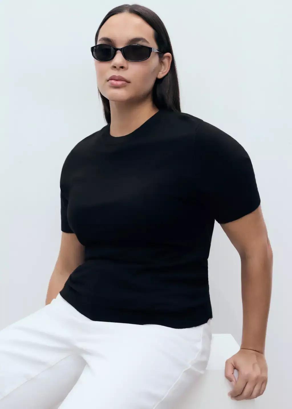 Black Short-Sleeved Fine-Knit Sweater, Black, large image number 7