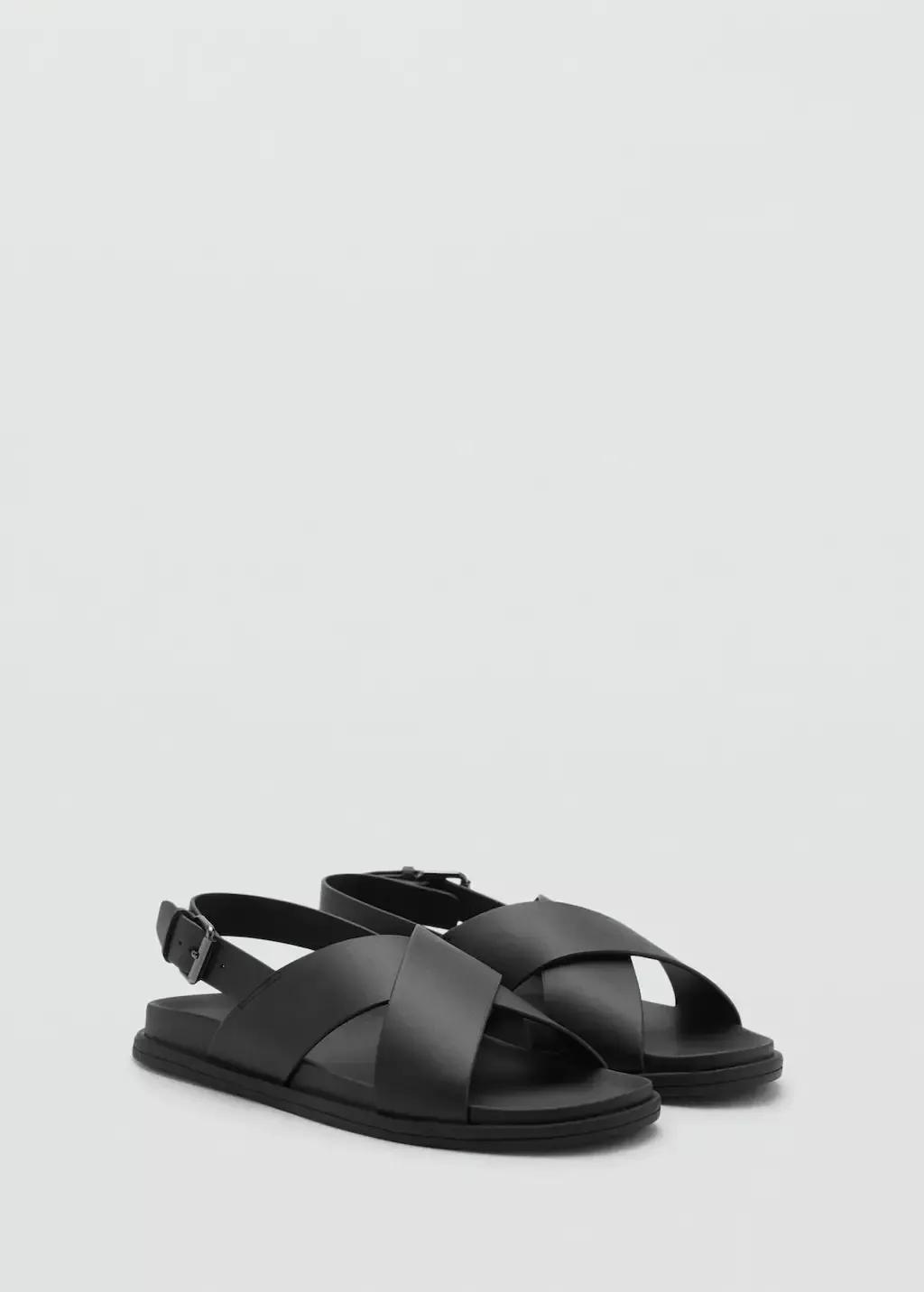 Black 100% Leather Crossed Strap Sandal, Black, large image number 0