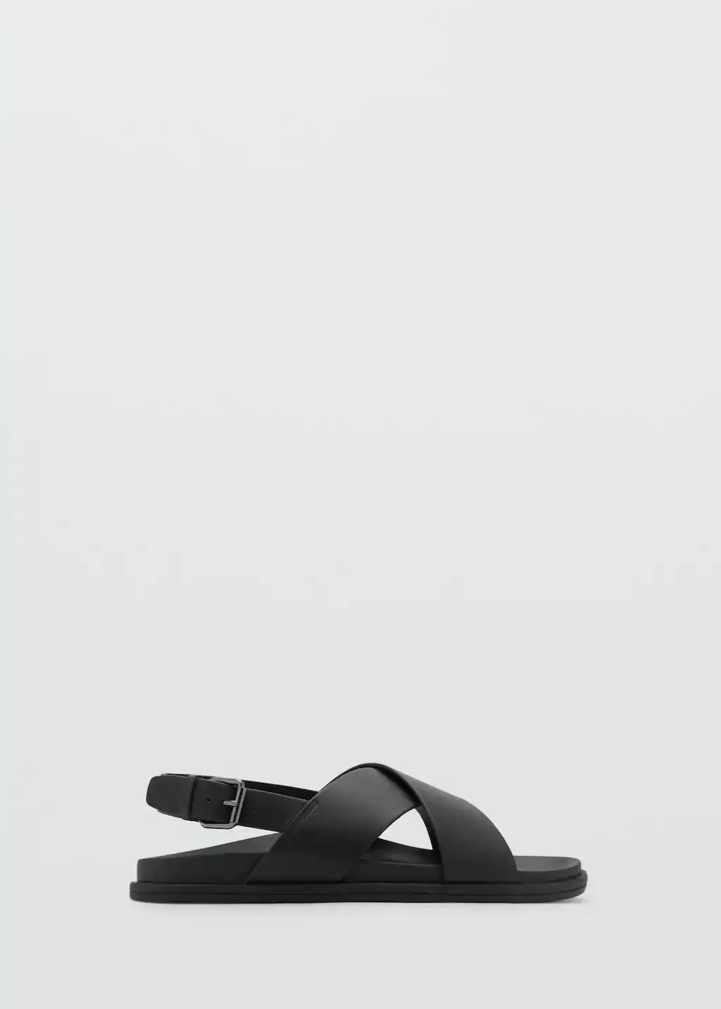 Black 100% Leather Crossed Strap Sandal, Black, large image number 3