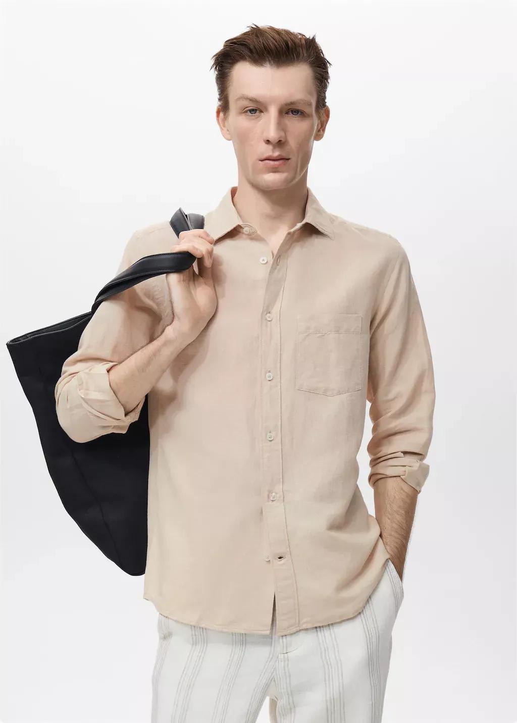 Brown Pocket Linen Shirt, Light Pastel Brown, large image number 0