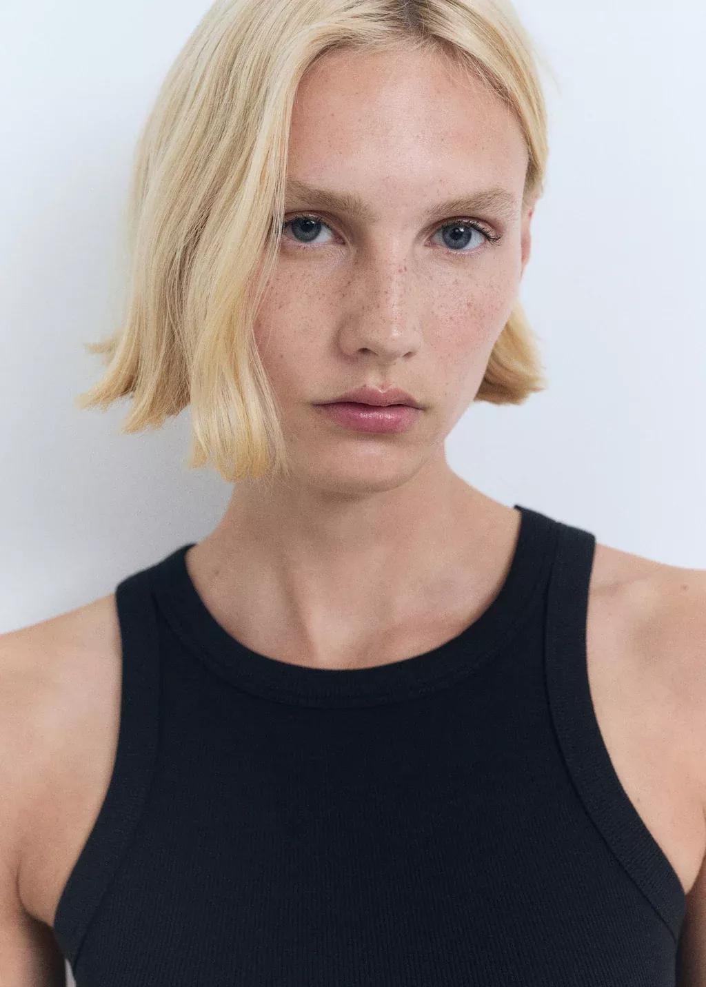 Black Ribbed Cotton-Blend Top, Black, large image number 1