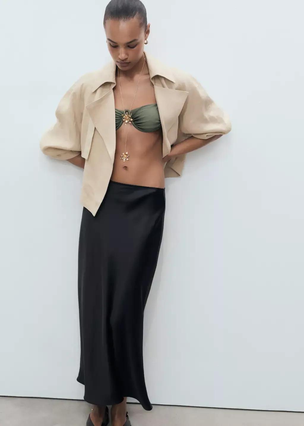 Black Satin Long Skirt, Black, medium