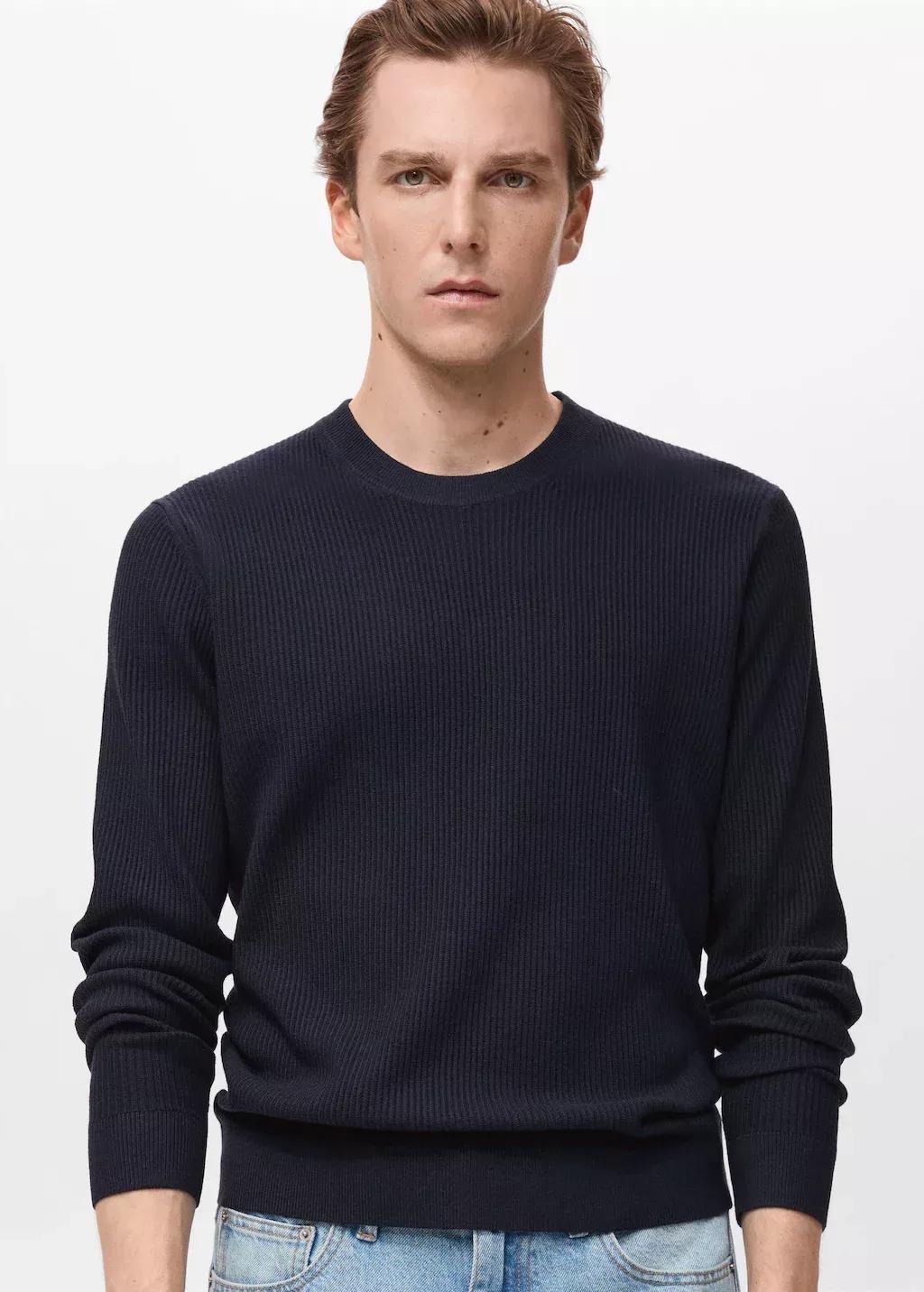 Navy Fine Rib-Knit Cotton Sweater, , large image number 0
