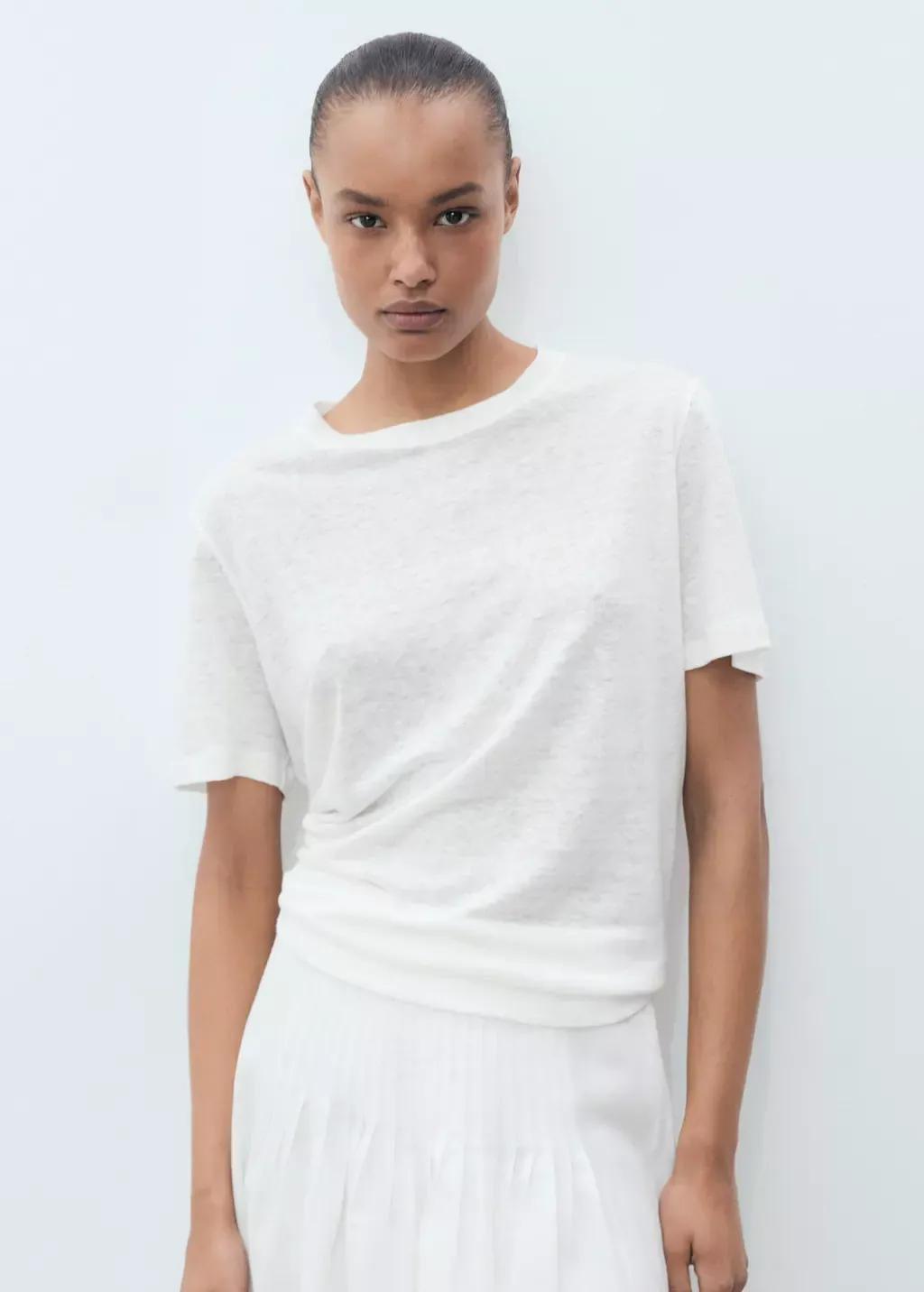 White Short-Sleeved Linen T-Shirt, , medium
