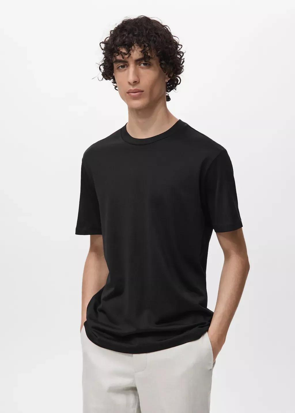 Black Cotton Slim-Fit T-Shirt, Black, large image number 0