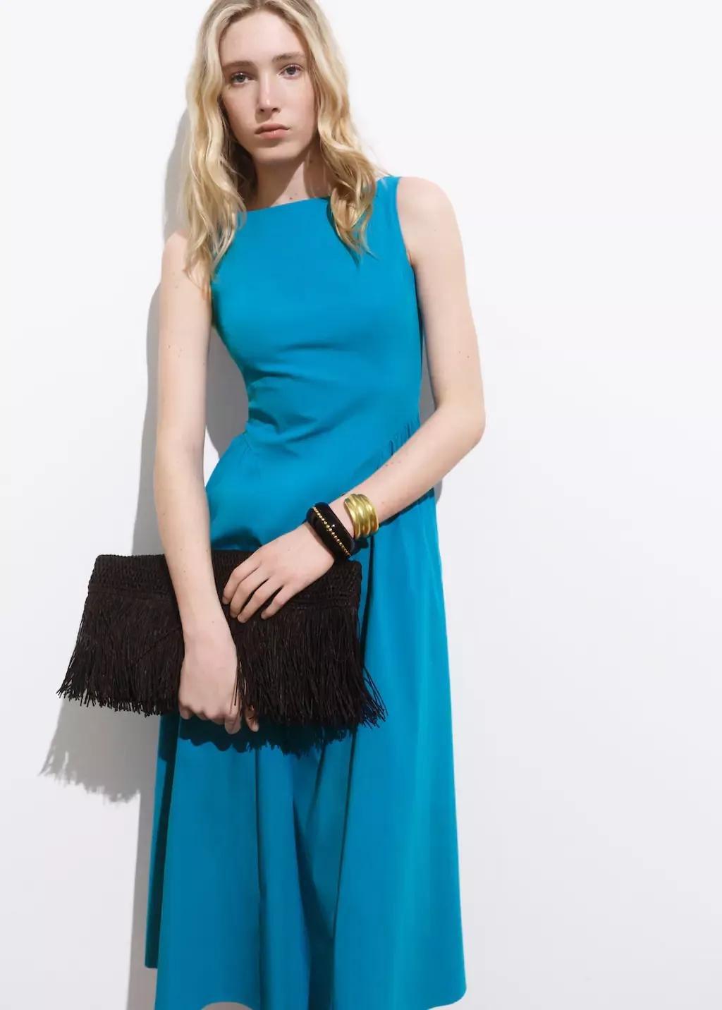 Blue Flared Midi-Dress, , medium