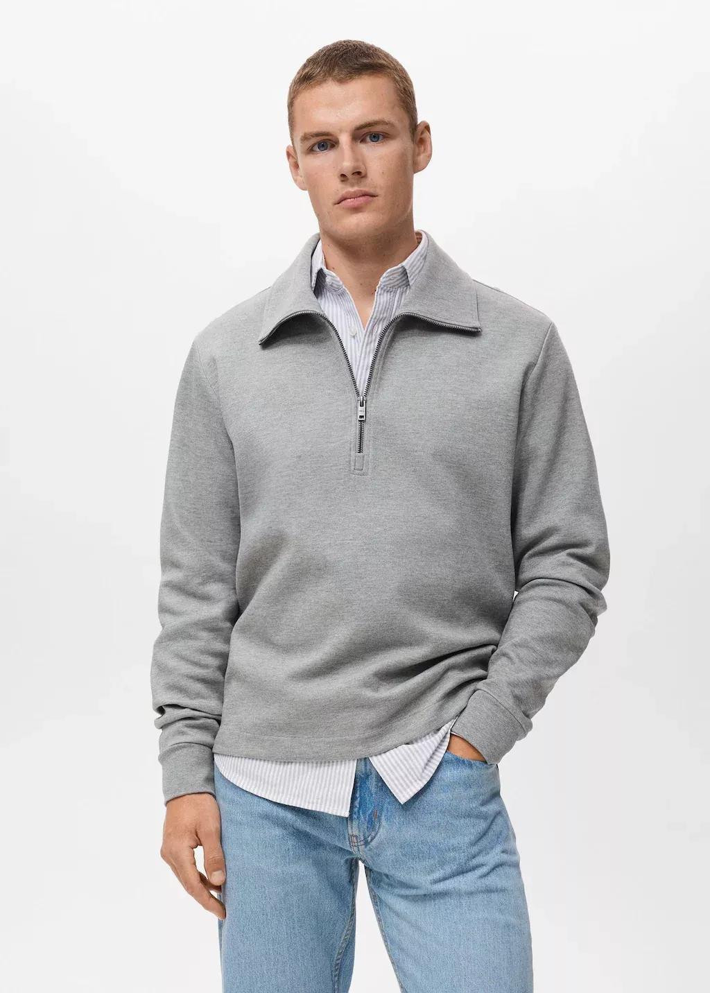 Grey Cotton Sweatshirt With Zipper Neck, Medium Grey, medium