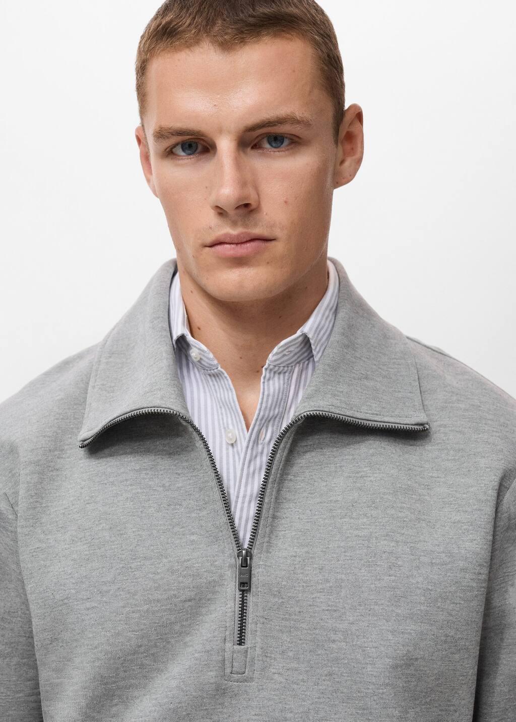 Grey Cotton Sweatshirt With Zipper Neck, Medium Grey, large image number 1