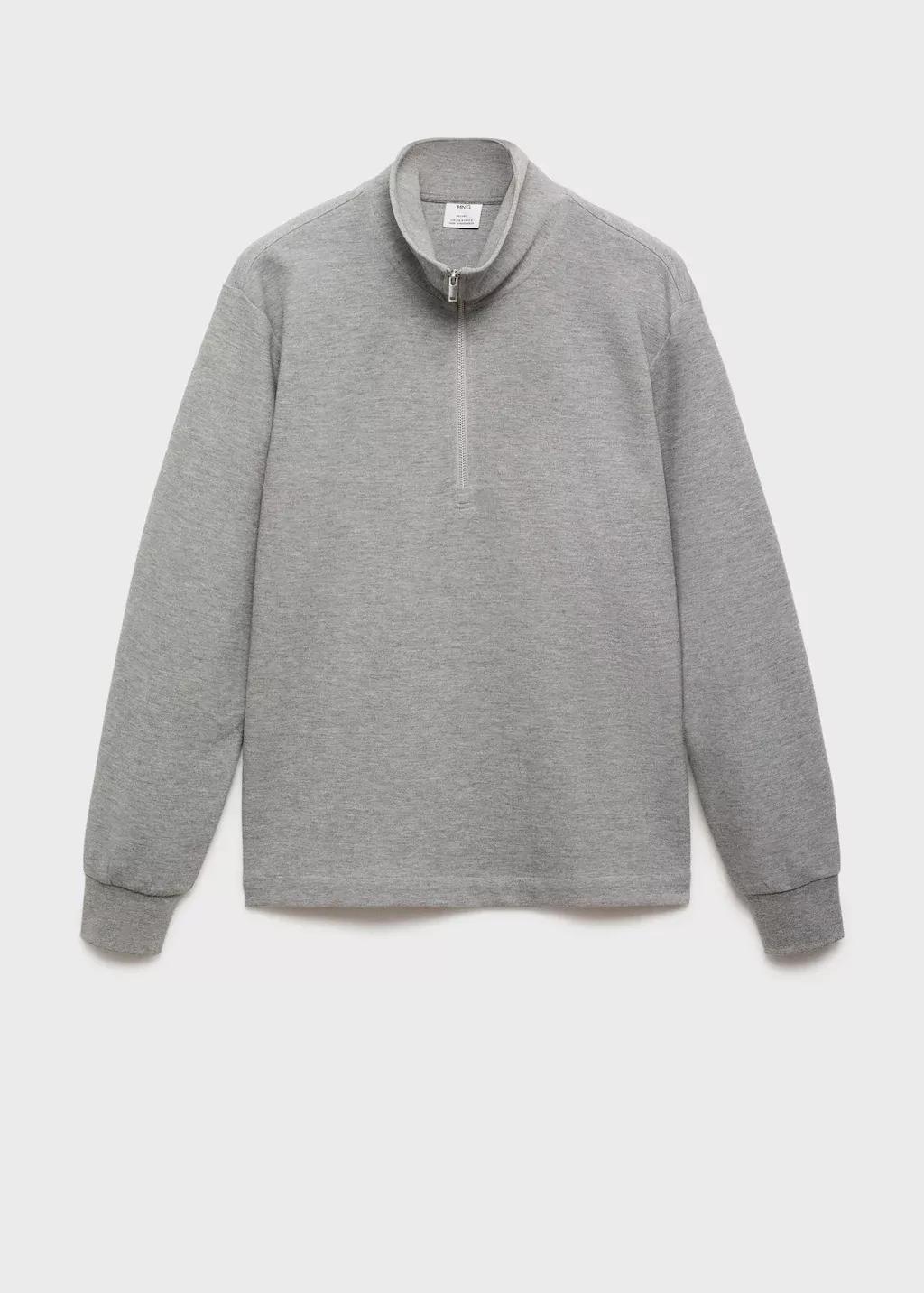 Grey Cotton Sweatshirt With Zipper Neck, Medium Grey, large image number 3