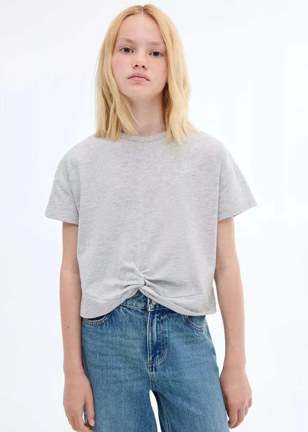 Grey Knot Cotton T-Shirt, Kids Girls, , large image number 0