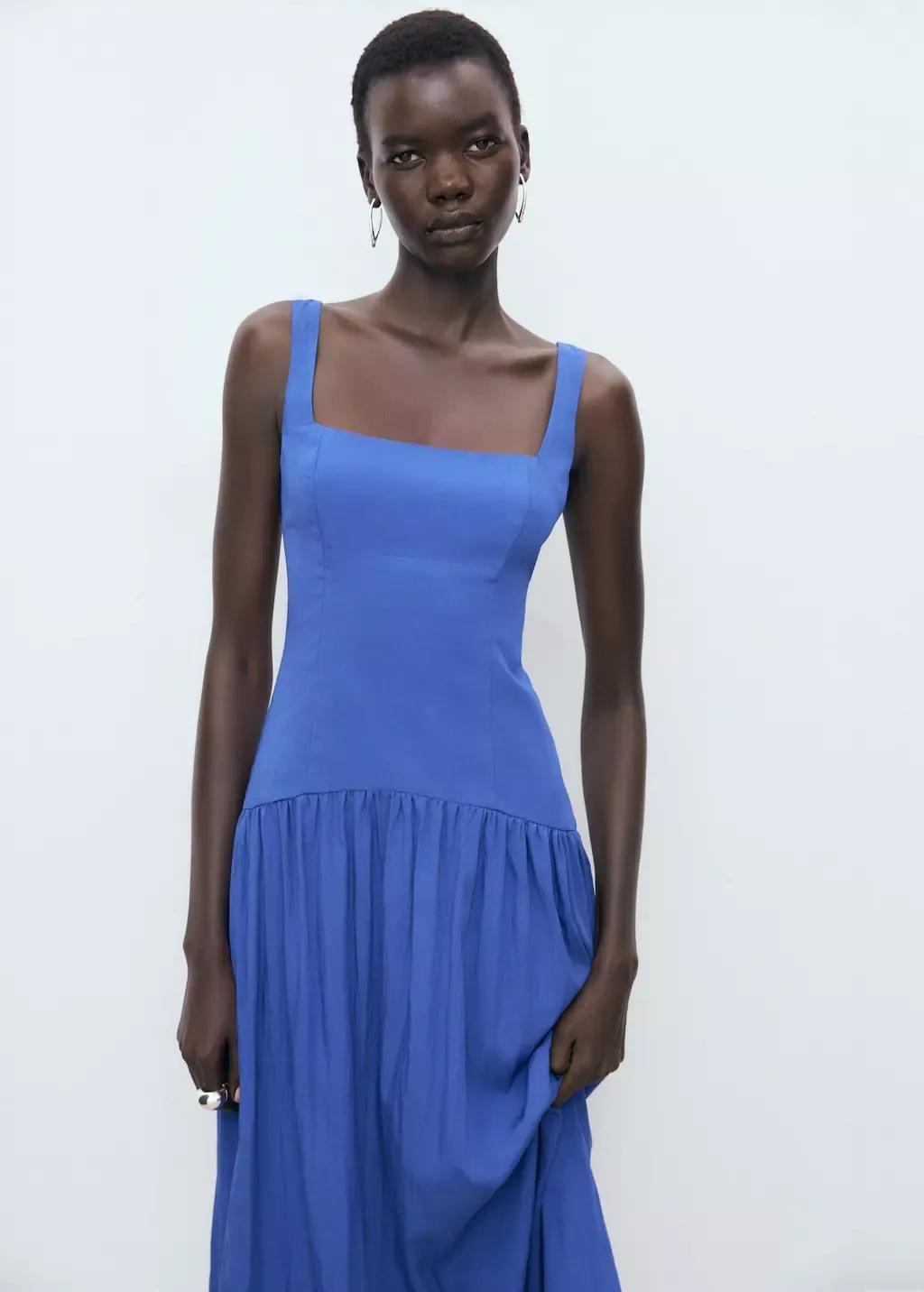 Blue Flared Cotton Dress, Medium Blue, large image number 1