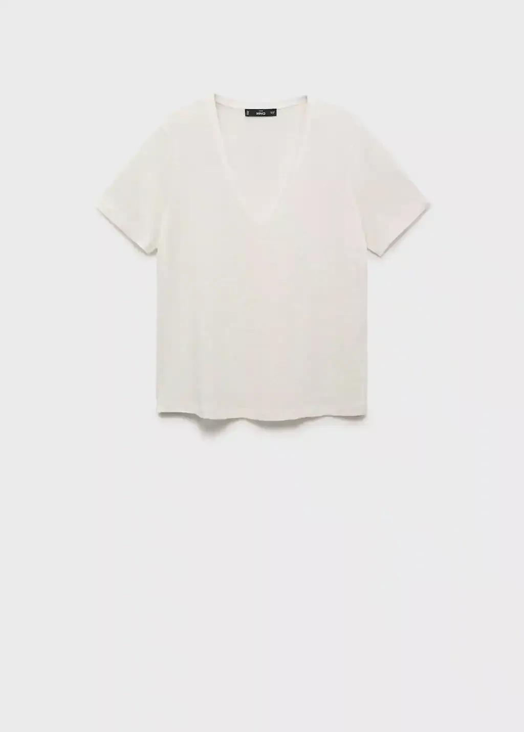 White V-Neck Linen T-Shirt, Natural White, large image number 0
