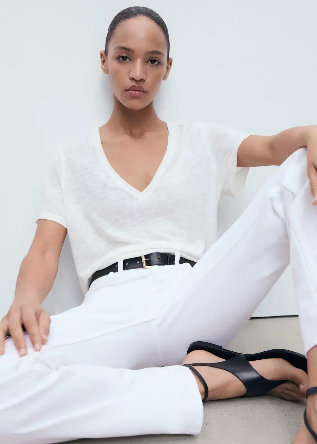 White V-Neck Linen T-Shirt, Natural White, large image number 3