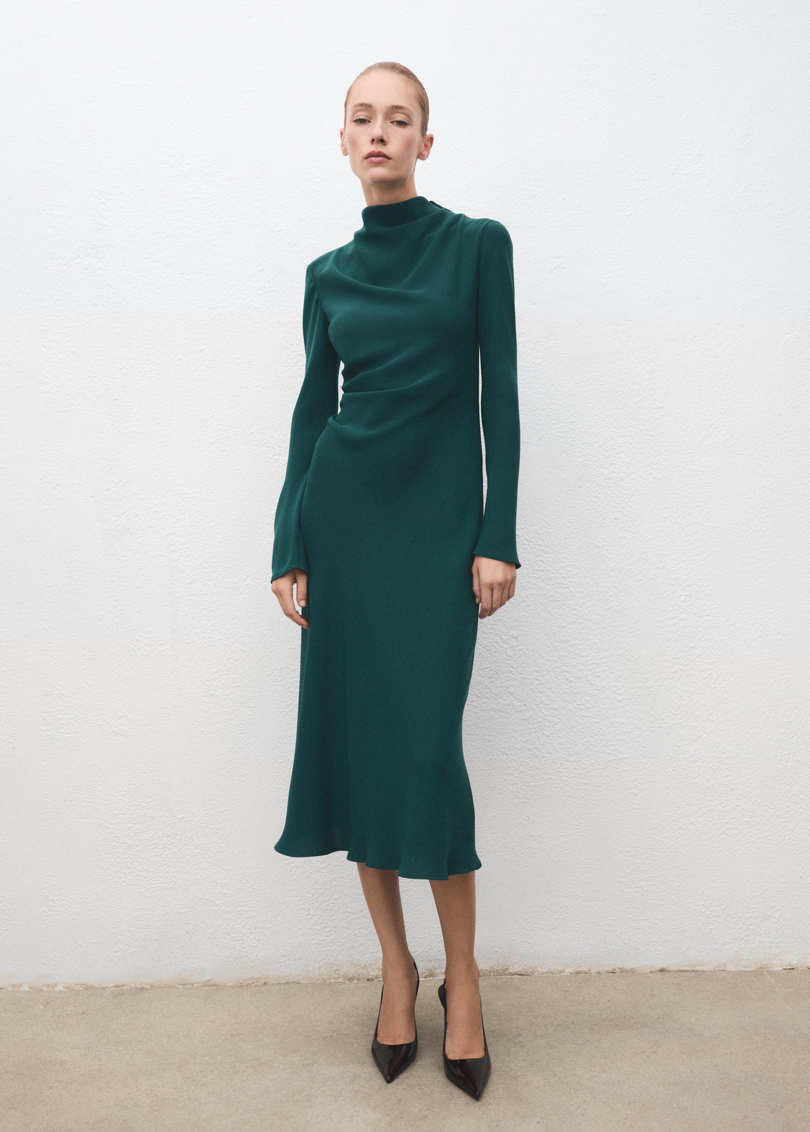 Green Ruched Dress With Draped Neckline, 0201_43, large image number 0