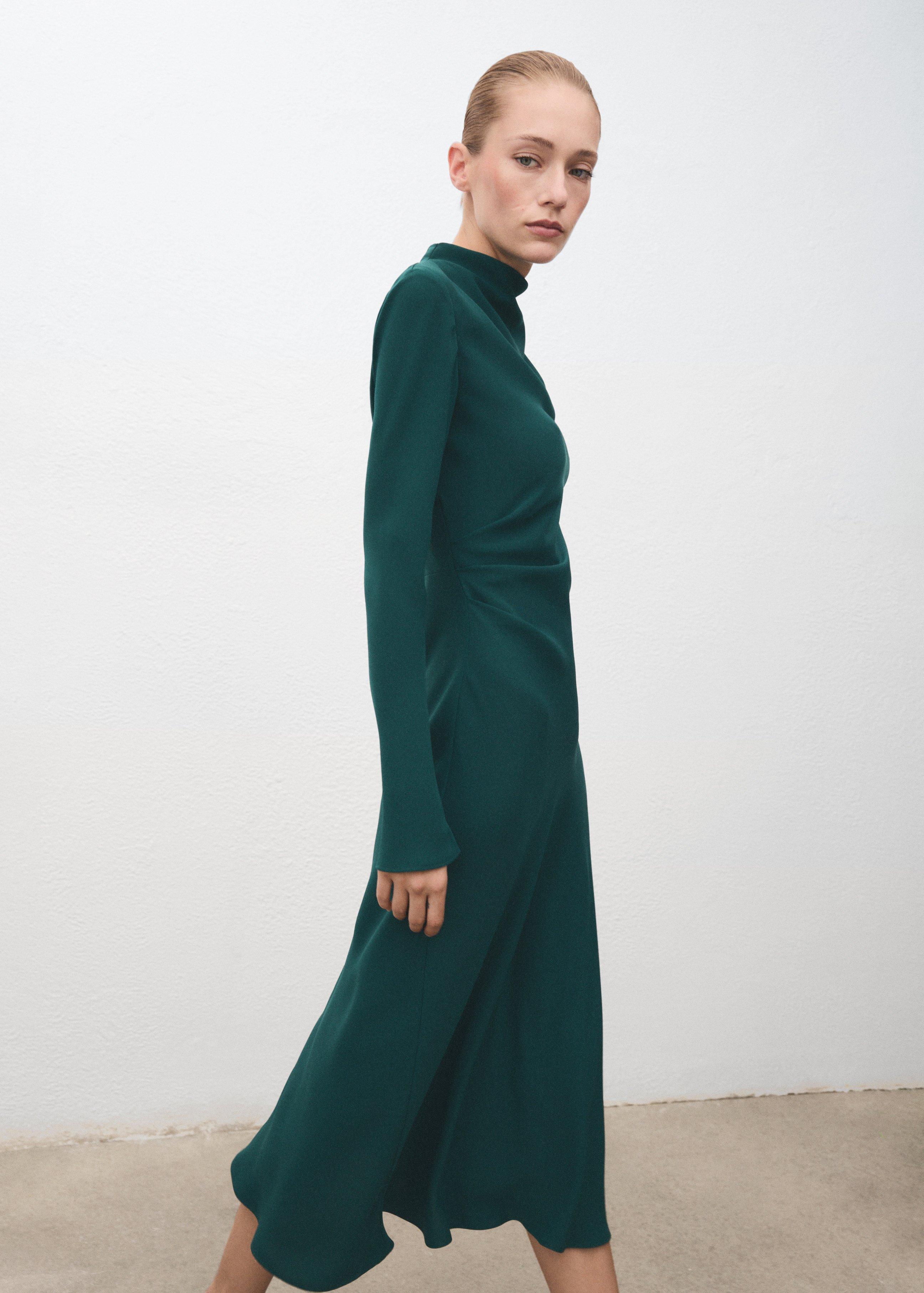 Green Ruched Dress With Draped Neckline, 0201_43, medium