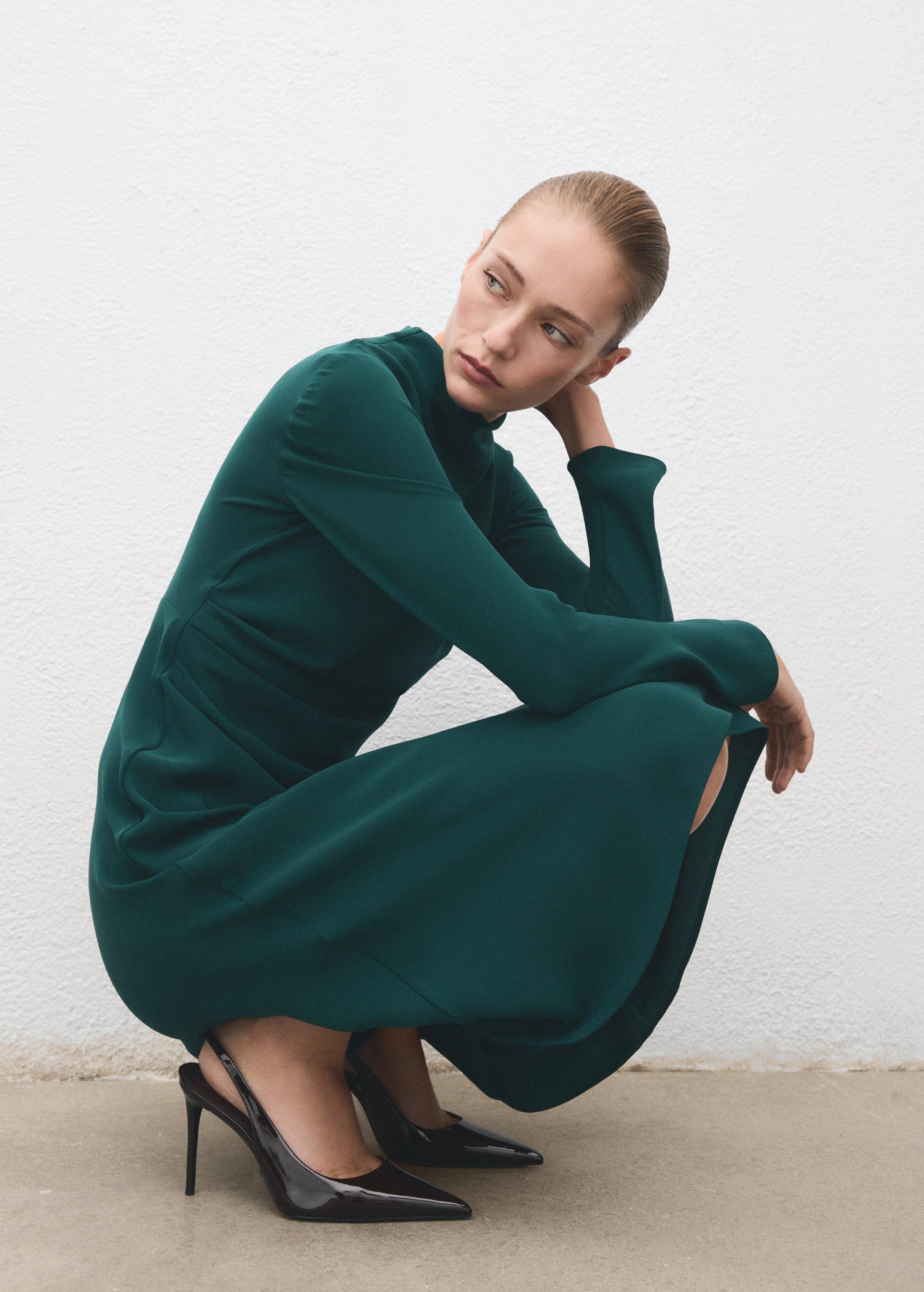 Green Ruched Dress With Draped Neckline, Green, large image number 4