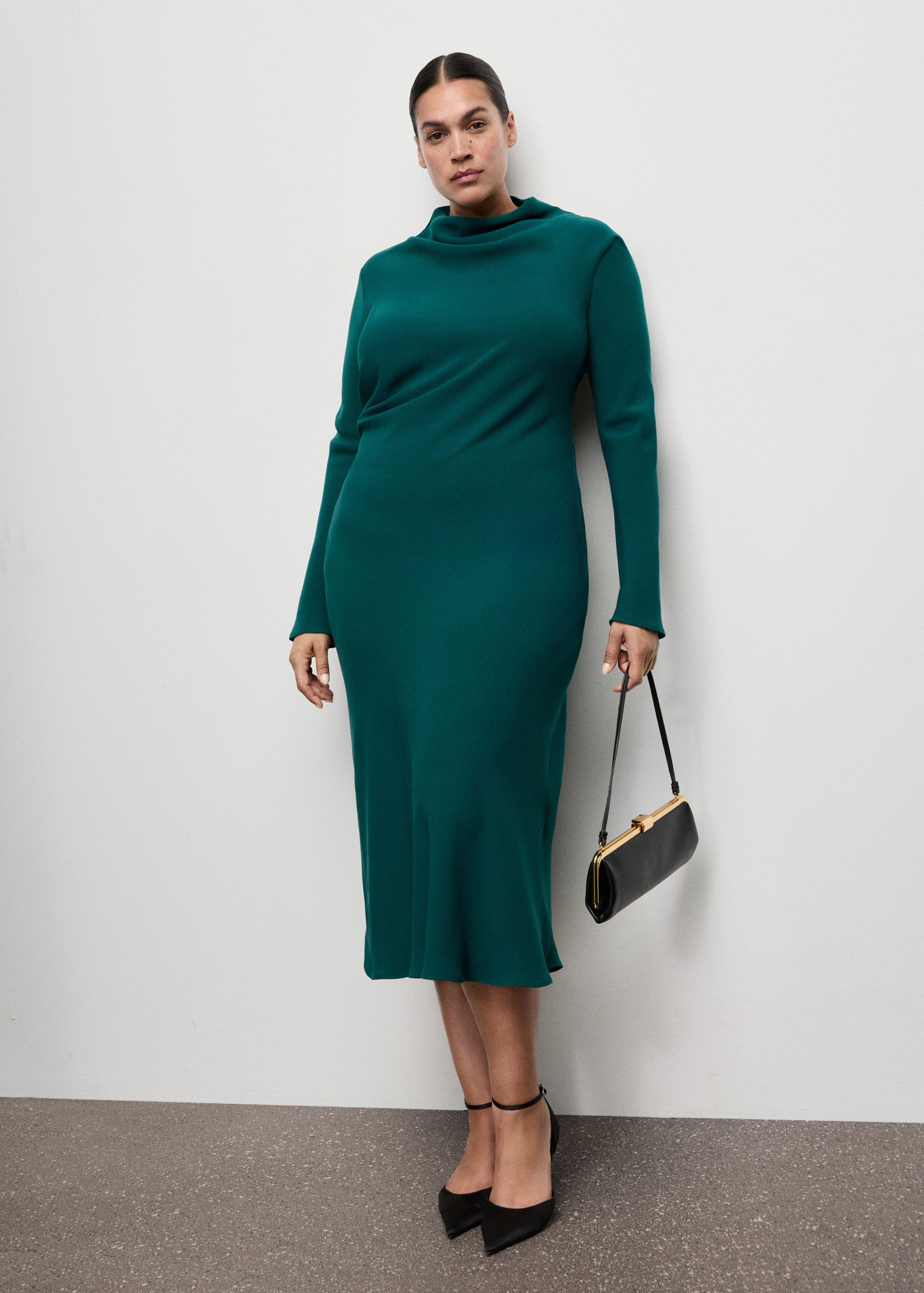 Green Ruched Dress With Draped Neckline, 0201_43, large image number 7