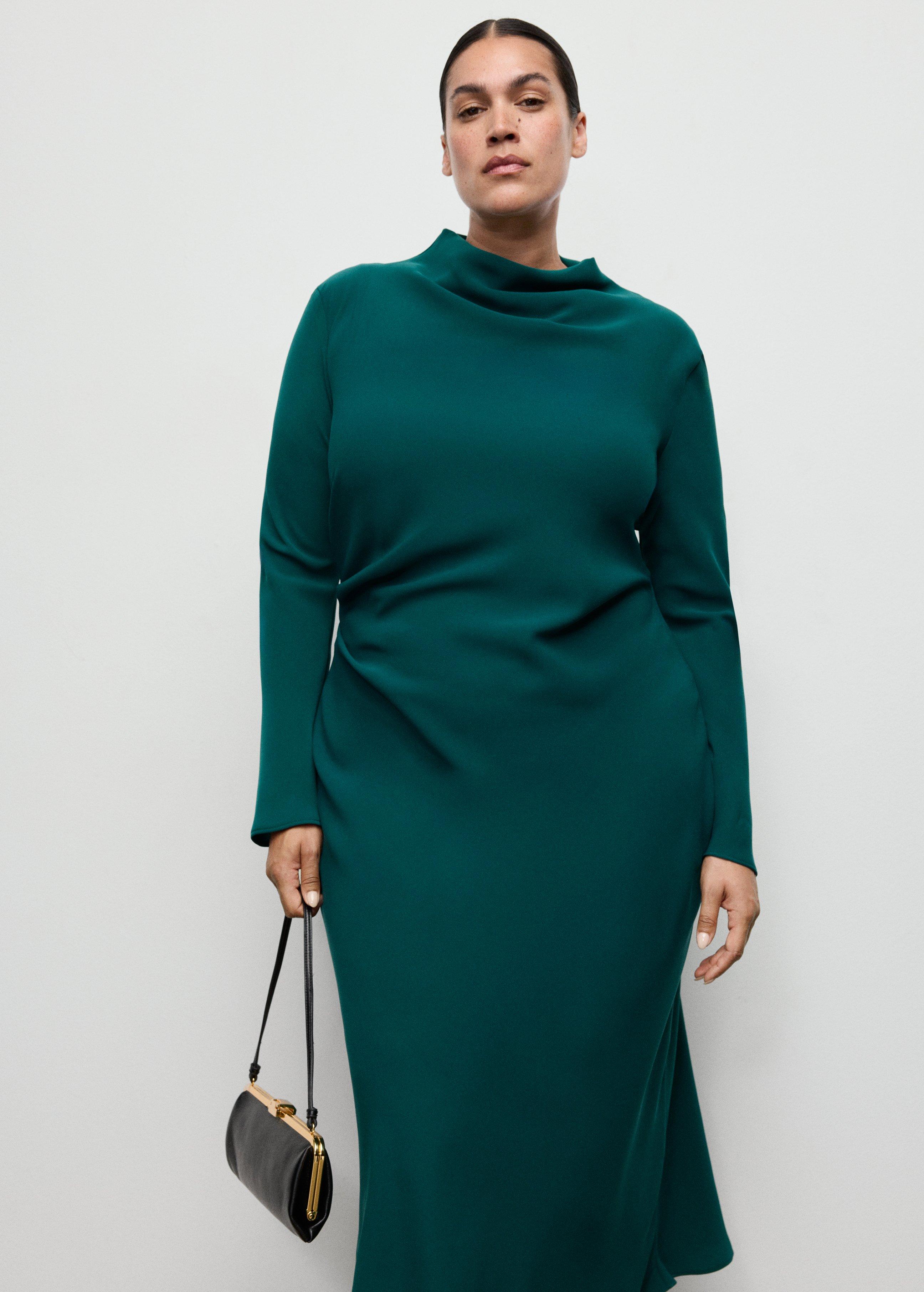 Green Ruched Dress With Draped Neckline, Green, large image number 8