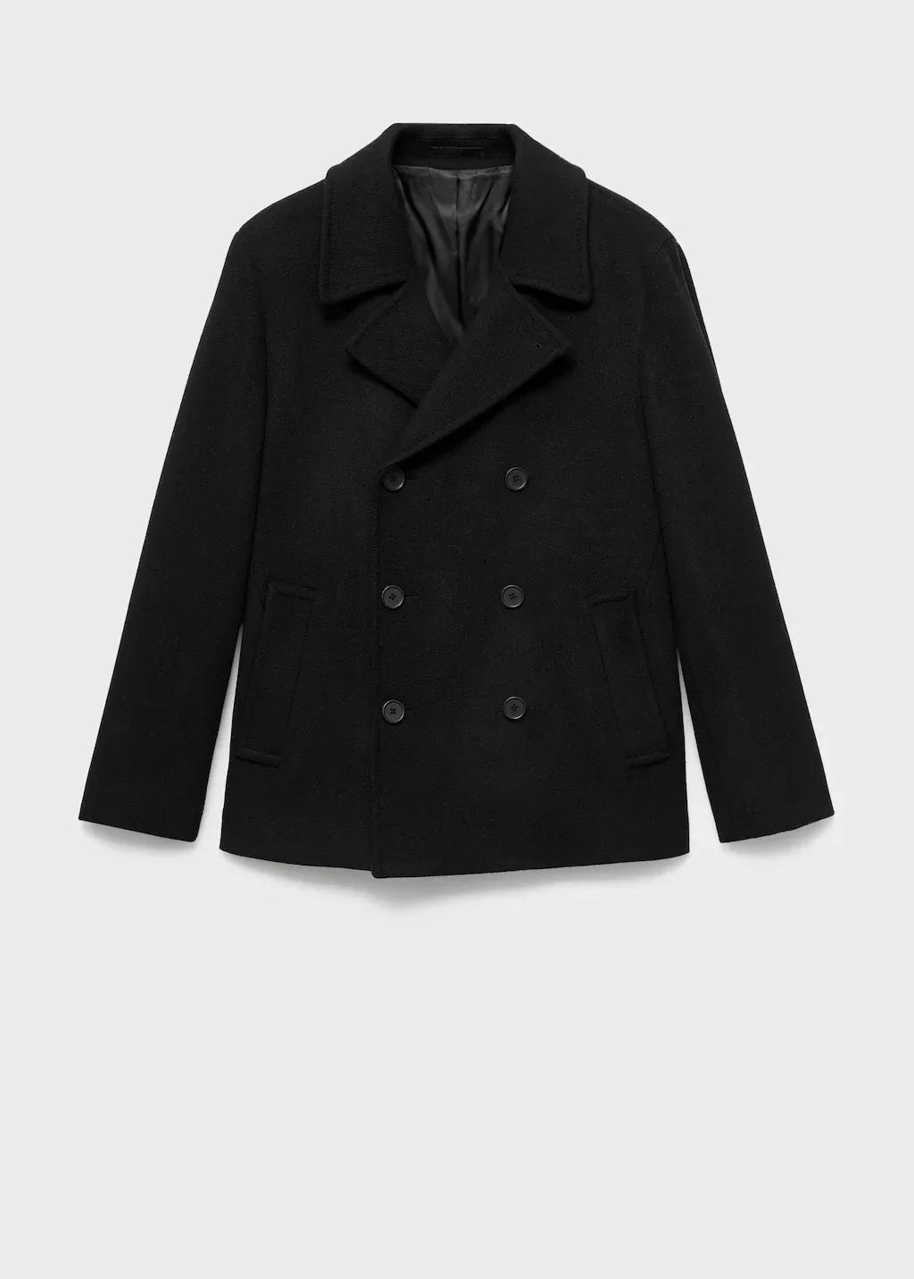Black Wool Double-Breasted Coat With Buttons, Black, large image number 0