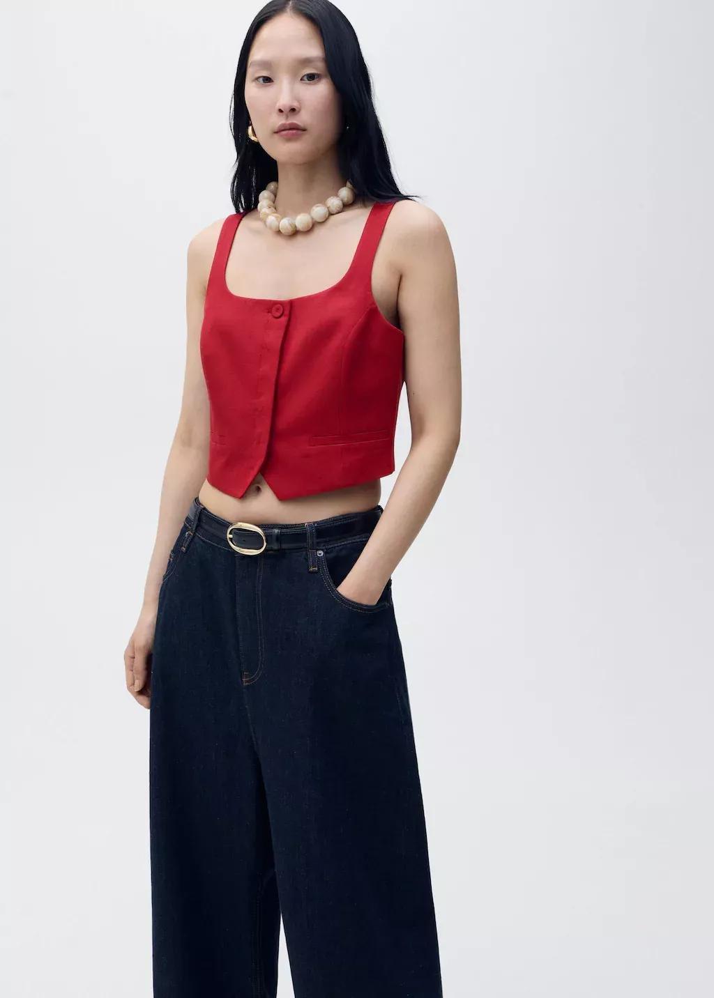 Red Linen Blend Suit Vest, , large image number 2