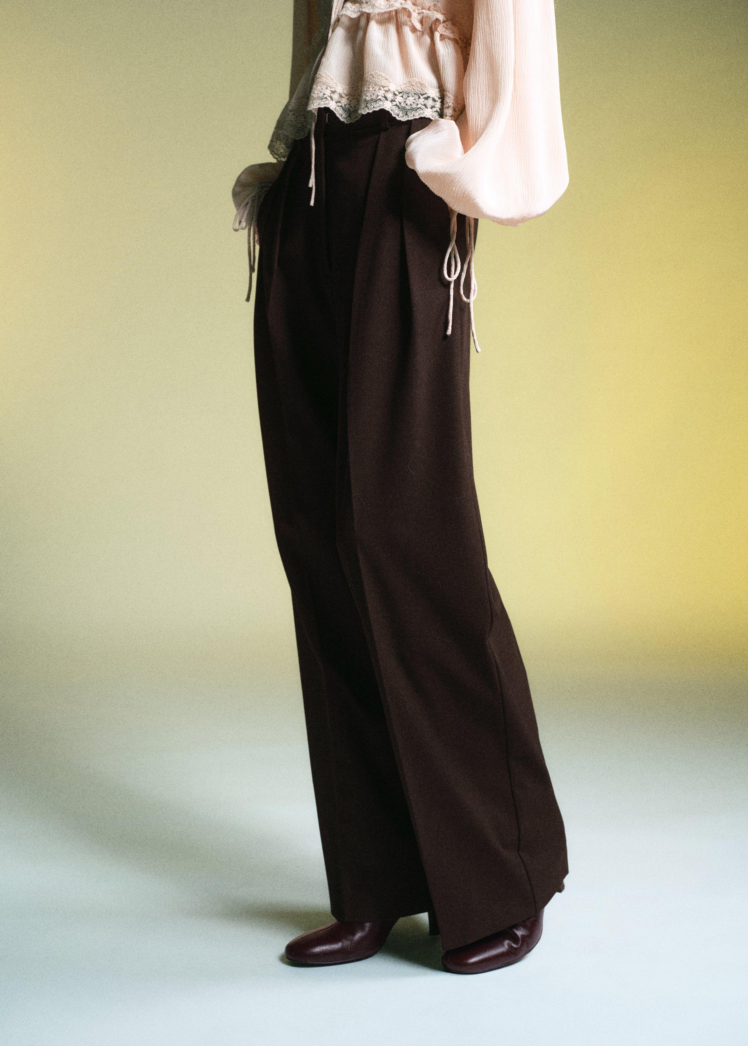 Brown Wide-Leg Mid-Rise Pleated Trousers, Dark Brown, large image number 0