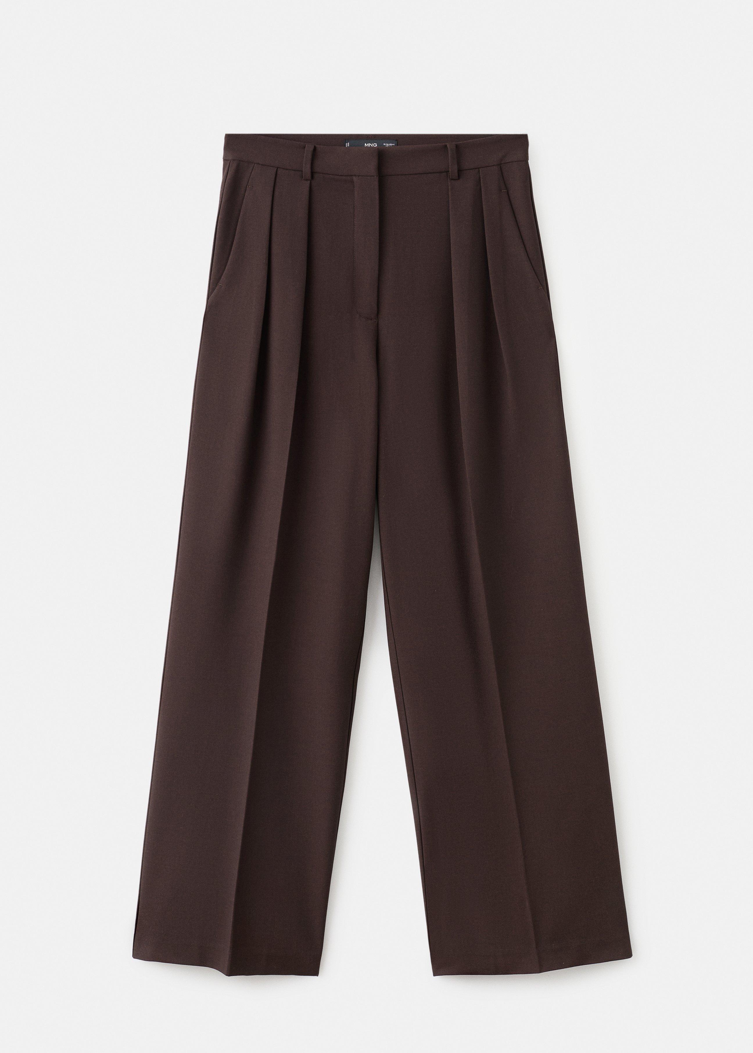 Brown Wide-Leg Mid-Rise Pleated Trousers, Dark Brown, large image number 3