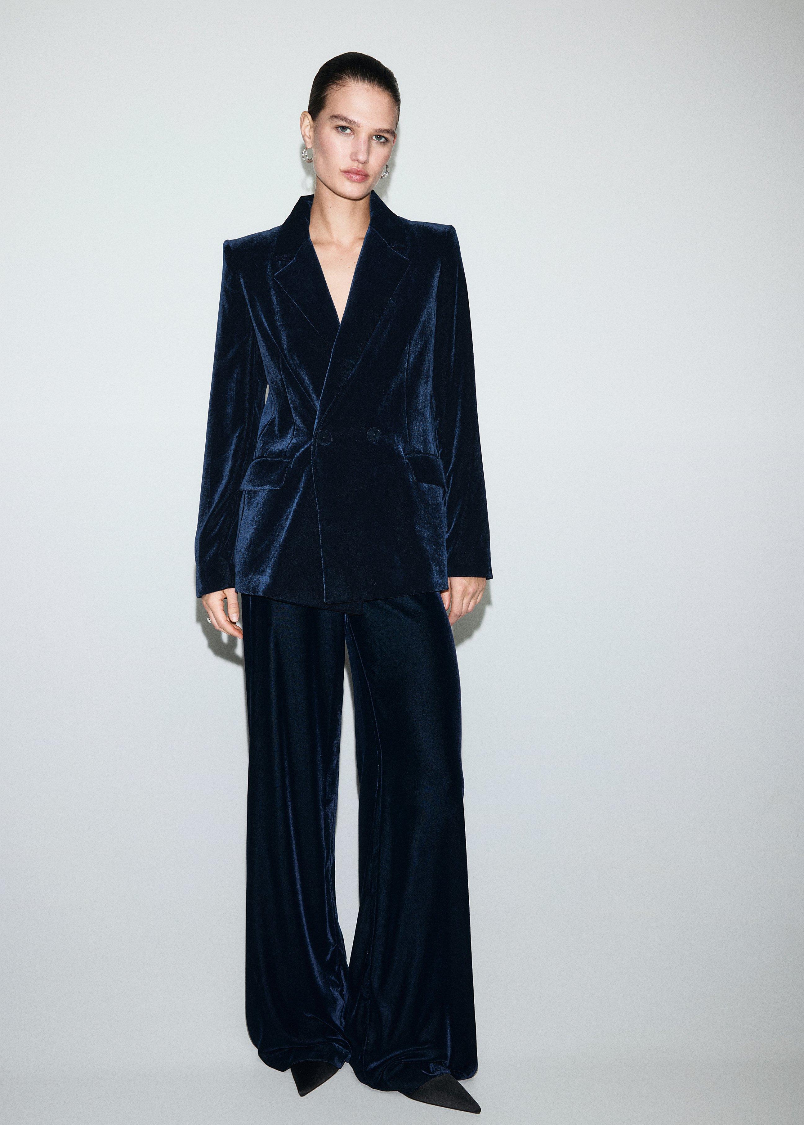 Navy Double-Breasted Velvet Blazer, Navy, large image number 0