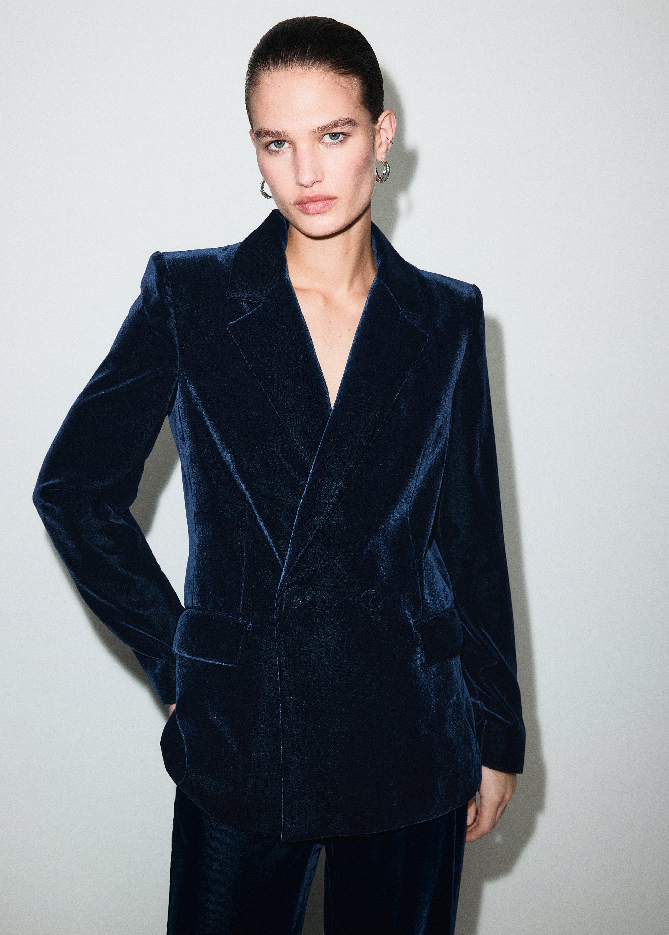 Navy Double-Breasted Velvet Blazer, Navy, medium