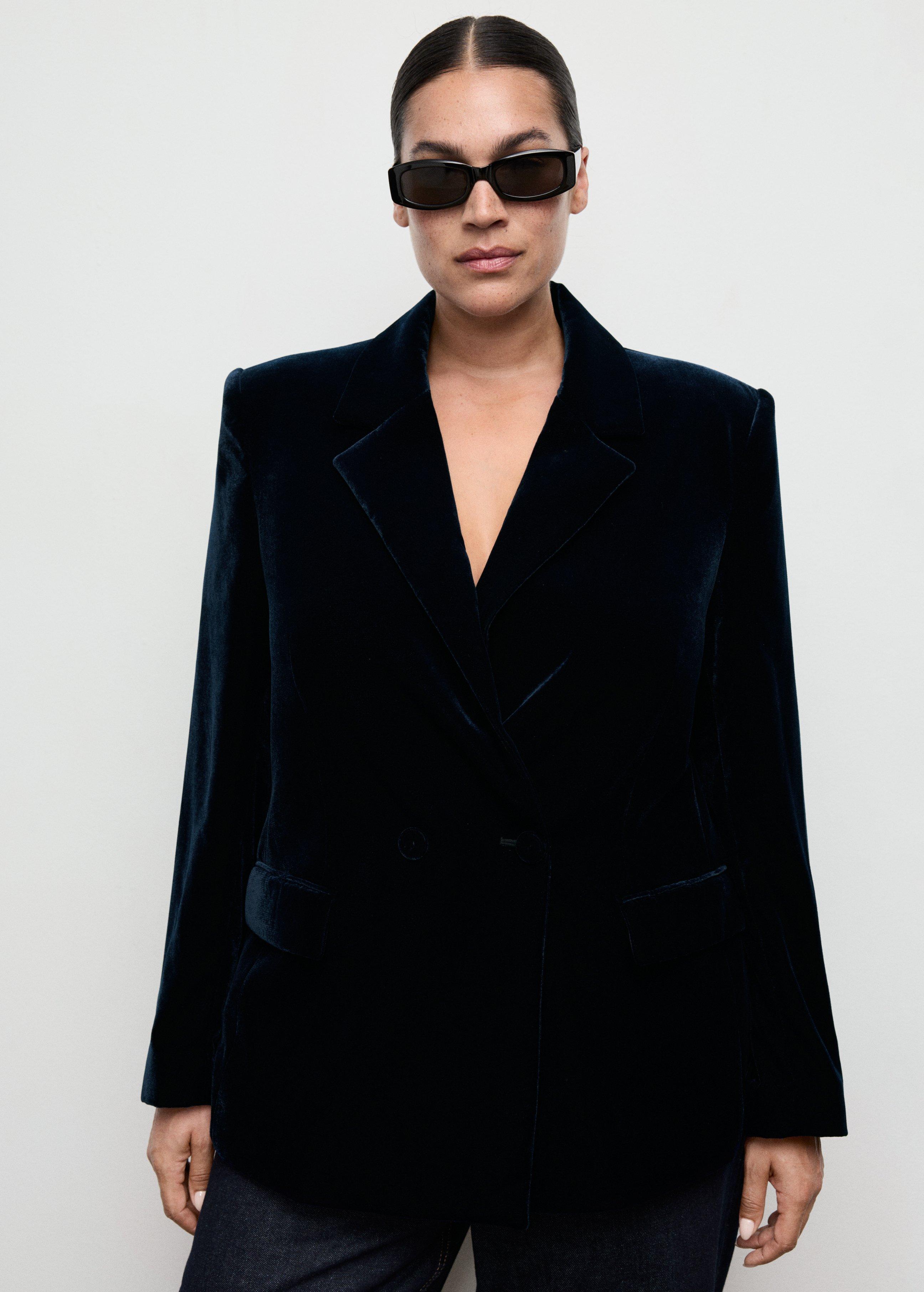 Navy Double-Breasted Velvet Blazer, Navy, large image number 7