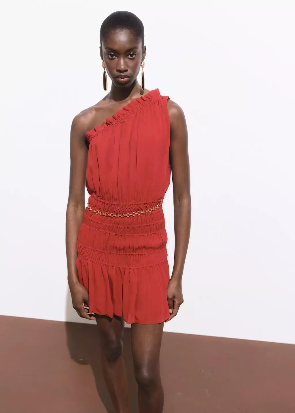 DARK RED Asymmetrical gathered dress with belt, , large image number 0