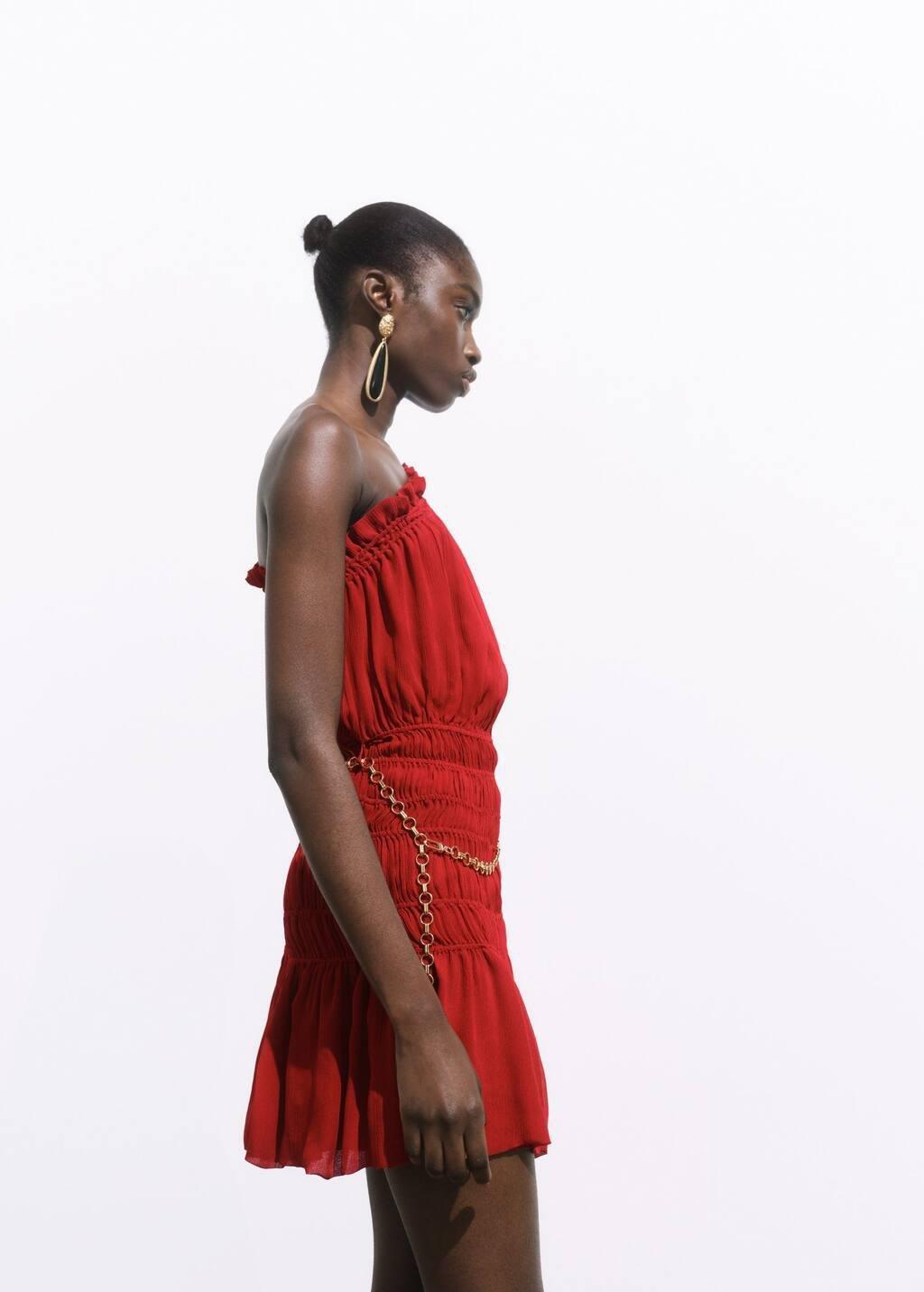 DARK RED Asymmetrical gathered dress with belt, , large image number 1