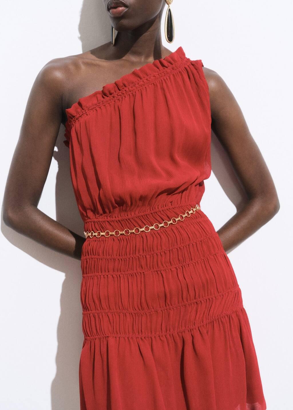 DARK RED Asymmetrical gathered dress with belt, , large image number 2