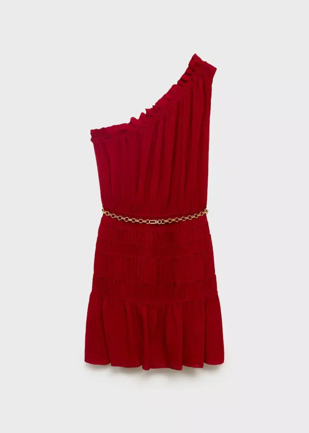 DARK RED Asymmetrical gathered dress with belt, , large image number 3