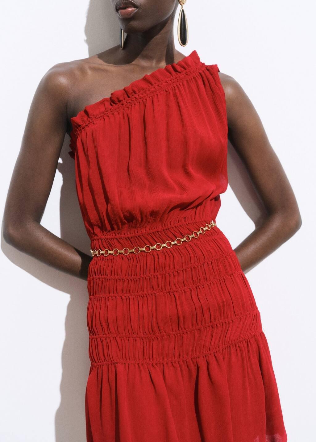 DARK RED Asymmetrical gathered dress with belt, , large image number 5