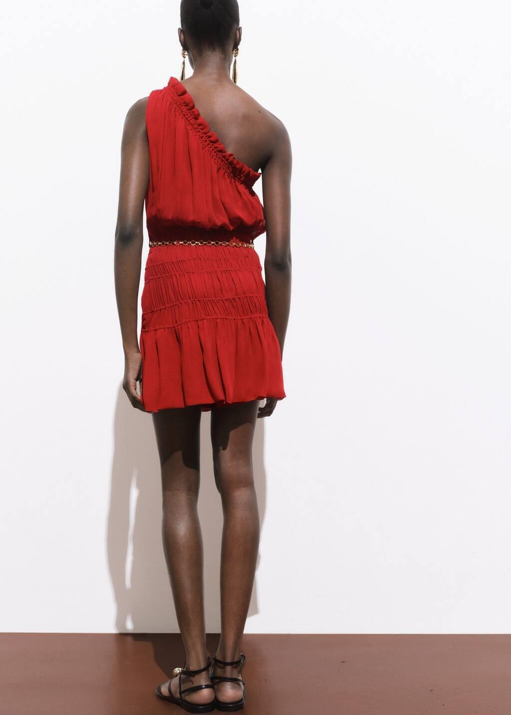 DARK RED Asymmetrical gathered dress with belt, , large image number 7